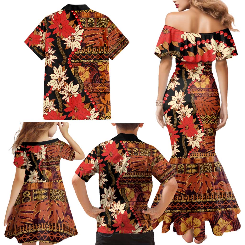 Hawaii Christmas Poinsettia Lei Family Matching Mermaid Dress and Hawaiian Shirt Tapa Pattern LT01 - Polynesian Pride