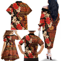 Hawaii Christmas Poinsettia Lei Family Matching Off The Shoulder Long Sleeve Dress and Hawaiian Shirt Tapa Pattern LT01 - Polynesian Pride