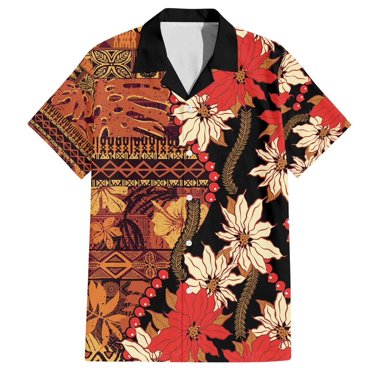 Hawaii Christmas Poinsettia Lei Family Matching Off The Shoulder Long Sleeve Dress and Hawaiian Shirt Tapa Pattern LT01 Dad's Shirt - Short Sleeve Brown - Polynesian Pride