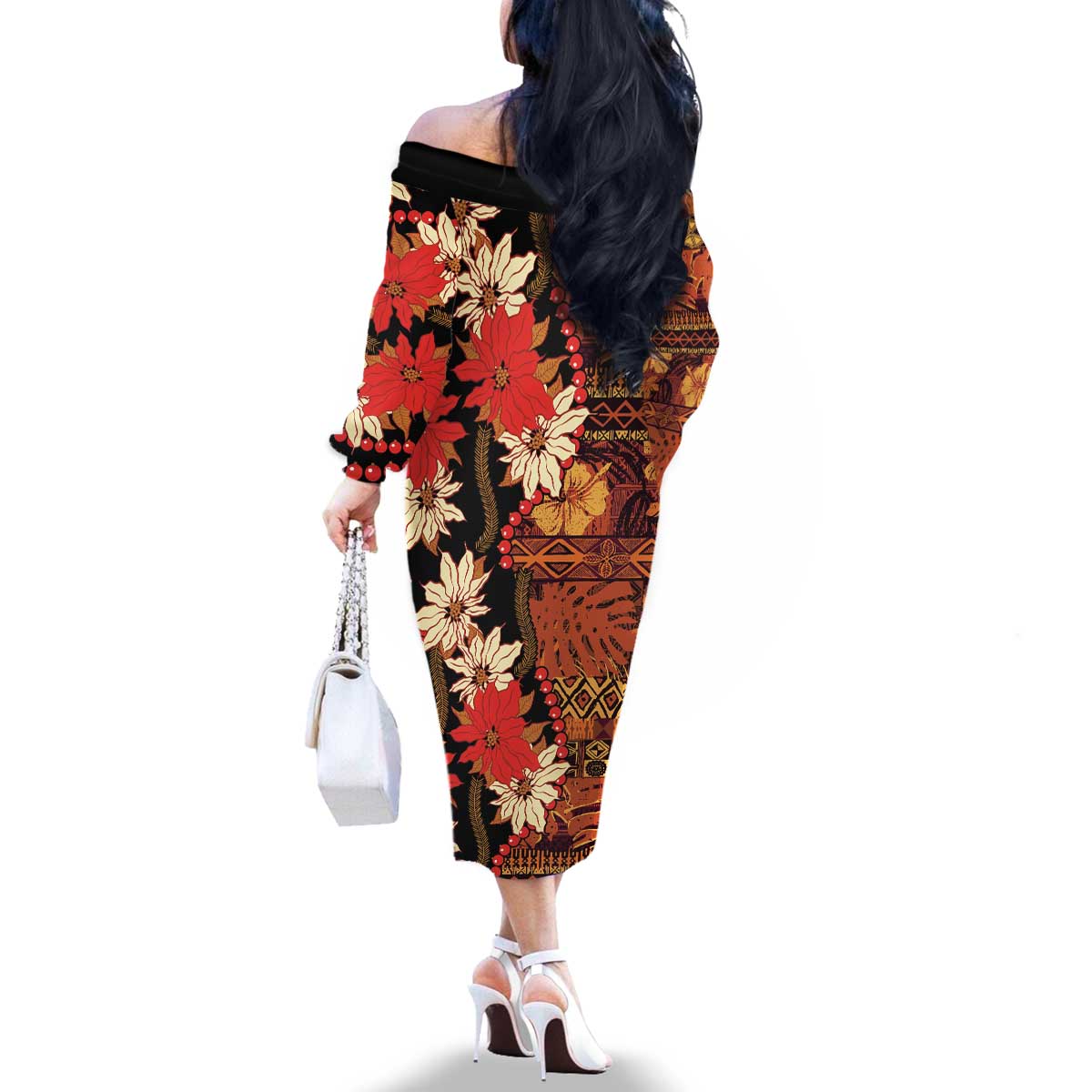 Hawaii Christmas Poinsettia Lei Family Matching Off The Shoulder Long Sleeve Dress and Hawaiian Shirt Tapa Pattern LT01 - Polynesian Pride