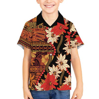 Hawaii Christmas Poinsettia Lei Family Matching Off The Shoulder Long Sleeve Dress and Hawaiian Shirt Tapa Pattern LT01 Son's Shirt Brown - Polynesian Pride