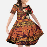 Hawaii Christmas Poinsettia Lei Family Matching Off Shoulder Maxi Dress and Hawaiian Shirt Tapa Pattern LT01 Daughter's Dress Brown - Polynesian Pride