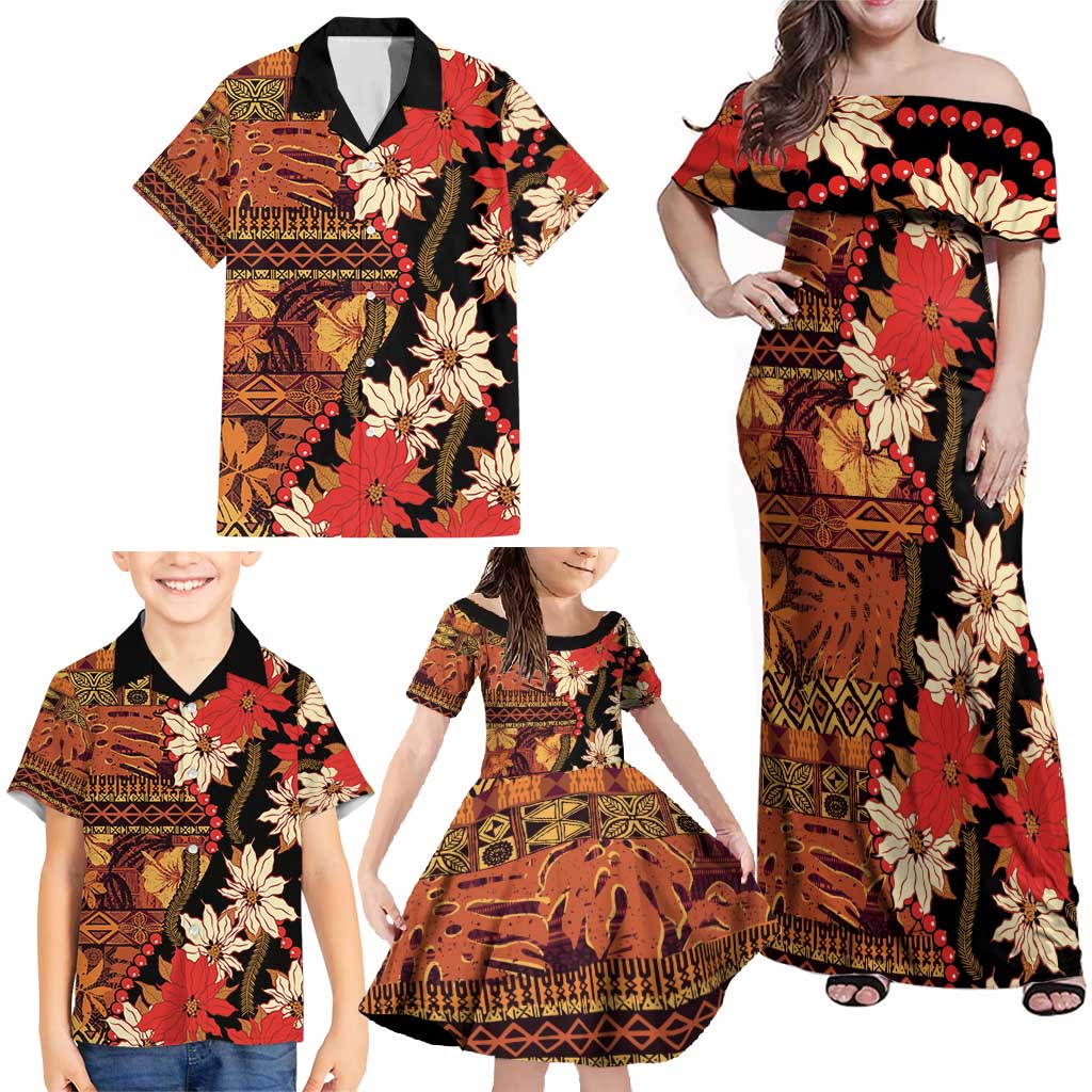 Hawaii Christmas Poinsettia Lei Family Matching Off Shoulder Maxi Dress and Hawaiian Shirt Tapa Pattern LT01 - Polynesian Pride