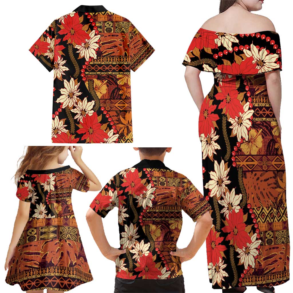 Hawaii Christmas Poinsettia Lei Family Matching Off Shoulder Maxi Dress and Hawaiian Shirt Tapa Pattern LT01 - Polynesian Pride