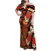 Hawaii Christmas Poinsettia Lei Family Matching Off Shoulder Maxi Dress and Hawaiian Shirt Tapa Pattern LT01 Mom's Dress Brown - Polynesian Pride