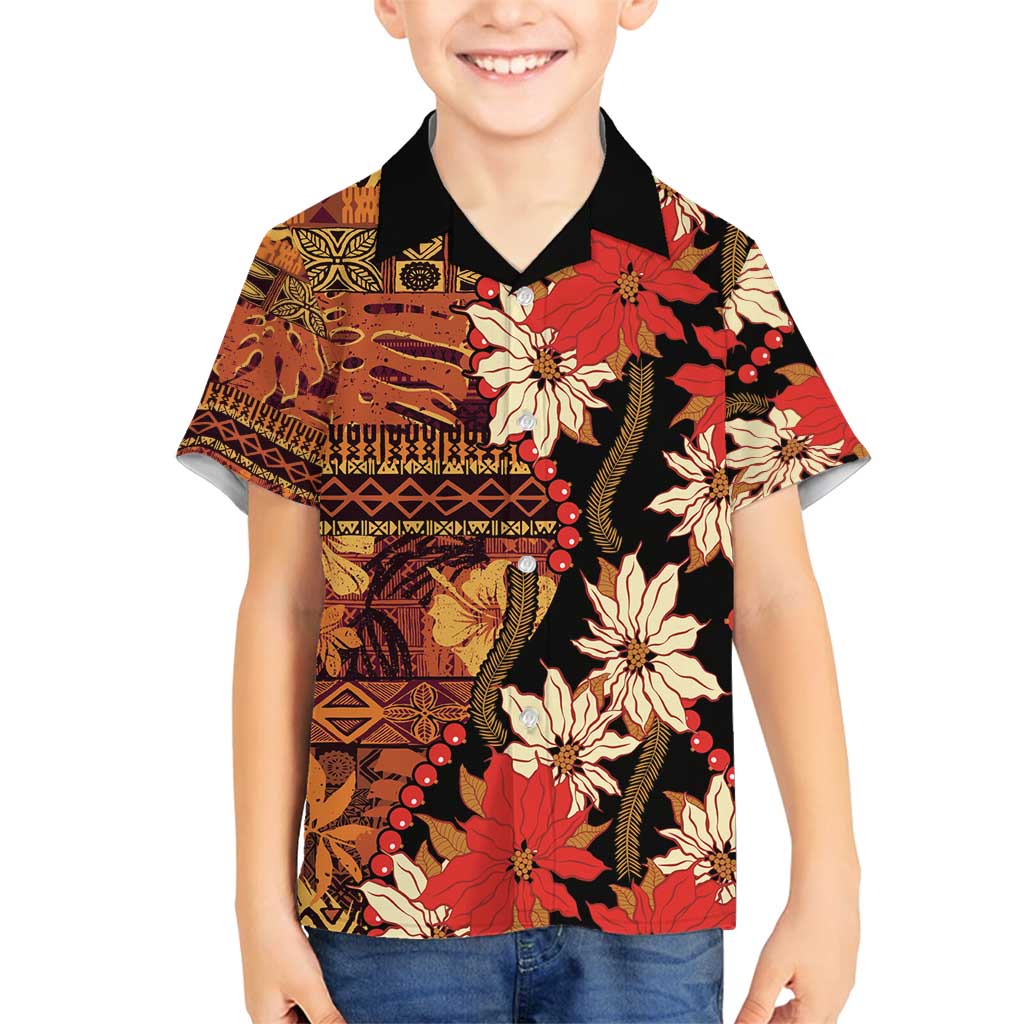 Hawaii Christmas Poinsettia Lei Family Matching Off Shoulder Maxi Dress and Hawaiian Shirt Tapa Pattern LT01 Son's Shirt Brown - Polynesian Pride