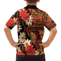 Hawaii Christmas Poinsettia Lei Family Matching Off Shoulder Short Dress and Hawaiian Shirt Tapa Pattern LT01 - Polynesian Pride
