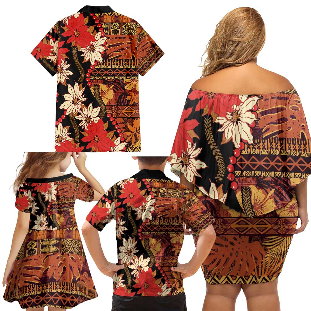 Hawaii Christmas Poinsettia Lei Family Matching Off Shoulder Short Dress and Hawaiian Shirt Tapa Pattern LT01 - Polynesian Pride