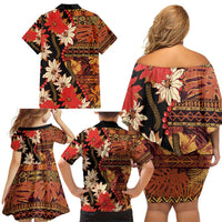 Hawaii Christmas Poinsettia Lei Family Matching Off Shoulder Short Dress and Hawaiian Shirt Tapa Pattern LT01 - Polynesian Pride
