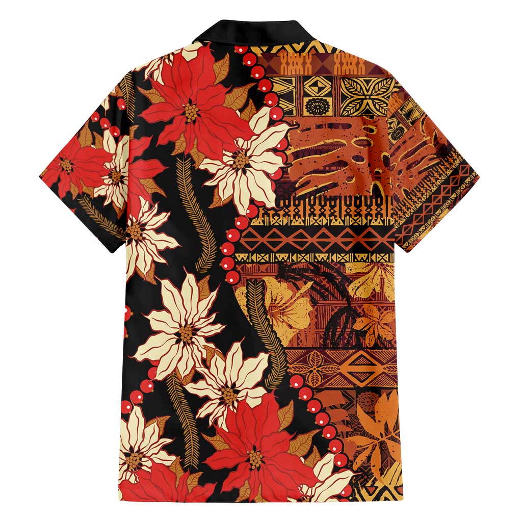 Hawaii Christmas Poinsettia Lei Family Matching Off Shoulder Short Dress and Hawaiian Shirt Tapa Pattern LT01 - Polynesian Pride