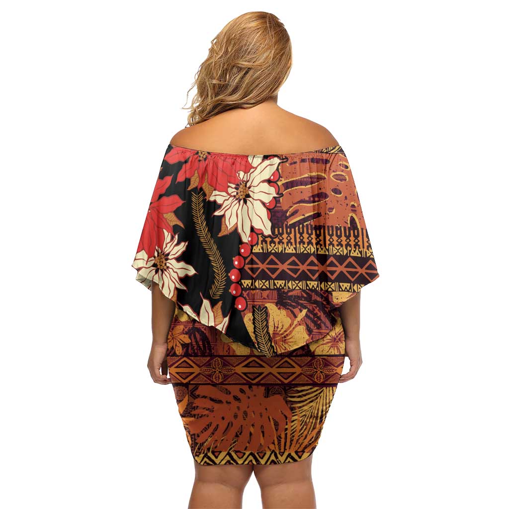 Hawaii Christmas Poinsettia Lei Family Matching Off Shoulder Short Dress and Hawaiian Shirt Tapa Pattern LT01 - Polynesian Pride