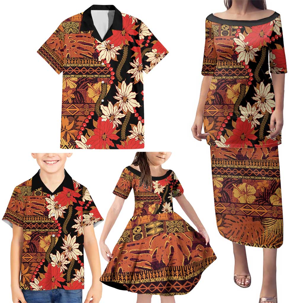 Hawaii Christmas Poinsettia Lei Family Matching Puletasi and Hawaiian Shirt Tapa Pattern - Polynesian Pride