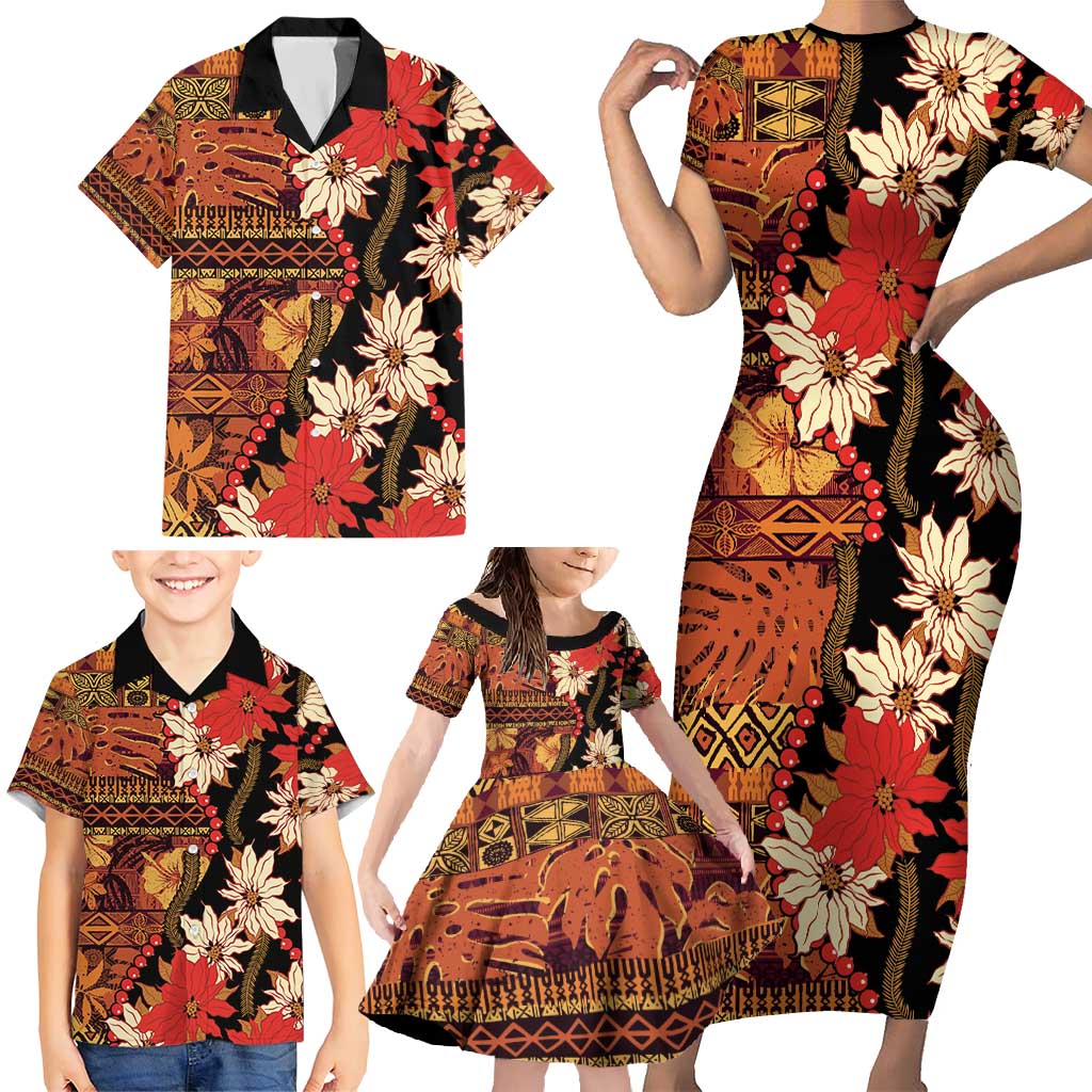 Hawaii Christmas Poinsettia Lei Family Matching Short Sleeve Bodycon Dress and Hawaiian Shirt Tapa Pattern LT01 - Polynesian Pride