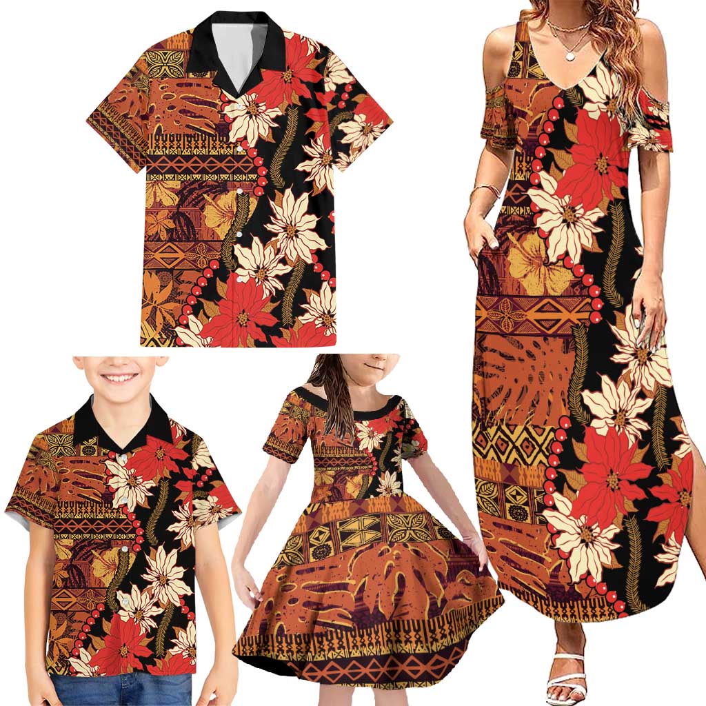 Hawaii Christmas Poinsettia Lei Family Matching Summer Maxi Dress and Hawaiian Shirt Tapa Pattern LT01 - Polynesian Pride