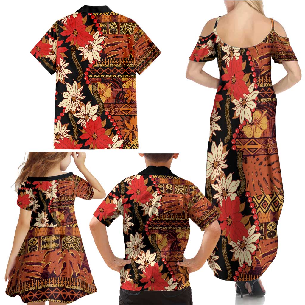 Hawaii Christmas Poinsettia Lei Family Matching Summer Maxi Dress and Hawaiian Shirt Tapa Pattern LT01 - Polynesian Pride