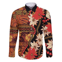 Hawaii Christmas Poinsettia Lei Family Matching Summer Maxi Dress and Hawaiian Shirt Tapa Pattern LT01 Dad's Shirt - Long Sleeve Brown - Polynesian Pride