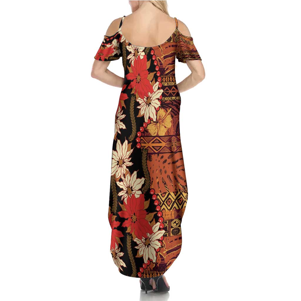 Hawaii Christmas Poinsettia Lei Family Matching Summer Maxi Dress and Hawaiian Shirt Tapa Pattern LT01 - Polynesian Pride