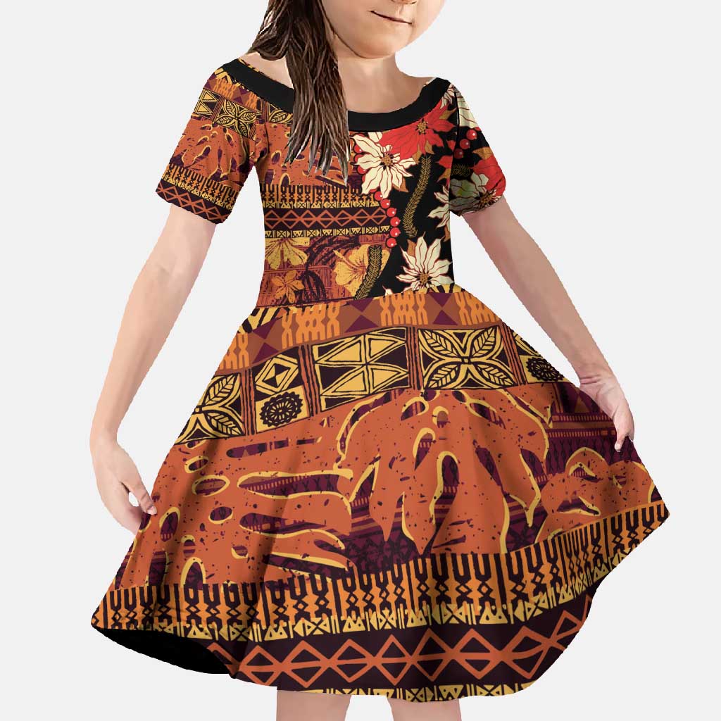 Hawaii Christmas Poinsettia Lei Family Matching Tank Maxi Dress and Hawaiian Shirt Tapa Pattern LT01 Daughter's Dress Brown - Polynesian Pride