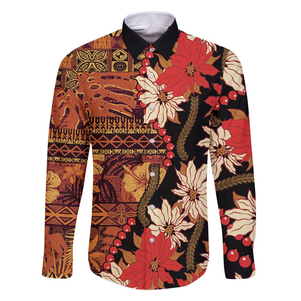 Hawaii Christmas Poinsettia Lei Family Matching Tank Maxi Dress and Hawaiian Shirt Tapa Pattern LT01 Dad's Shirt - Long Sleeve Brown - Polynesian Pride