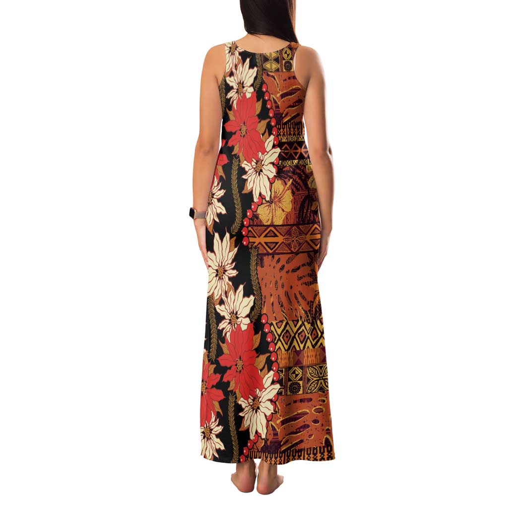 Hawaii Christmas Poinsettia Lei Family Matching Tank Maxi Dress and Hawaiian Shirt Tapa Pattern LT01 - Polynesian Pride