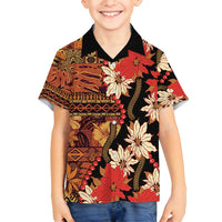 Hawaii Christmas Poinsettia Lei Family Matching Tank Maxi Dress and Hawaiian Shirt Tapa Pattern LT01 Son's Shirt Brown - Polynesian Pride