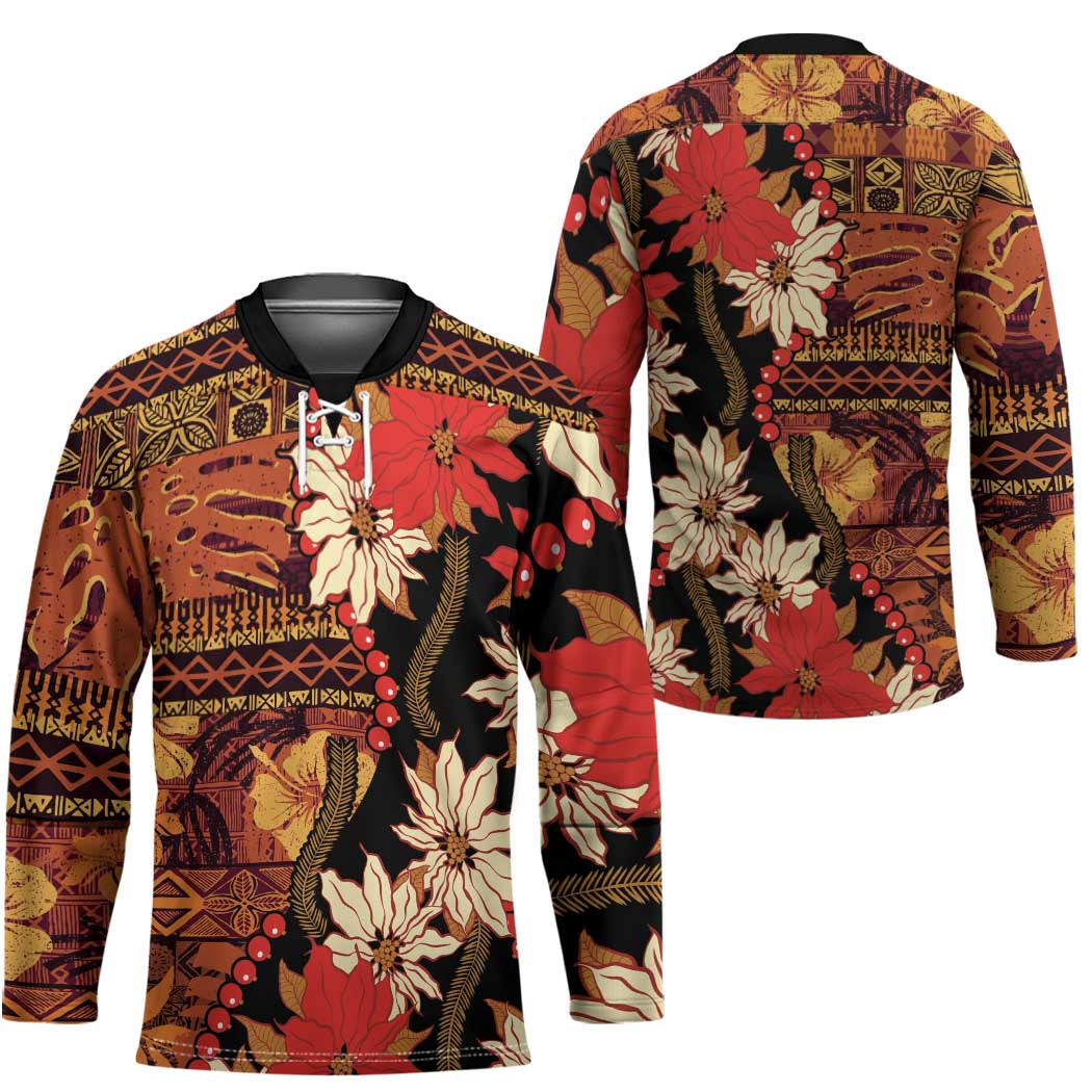 Hawaii Christmas Poinsettia Lei Hockey Jersey Tapa Pattern - Polynesian Pride