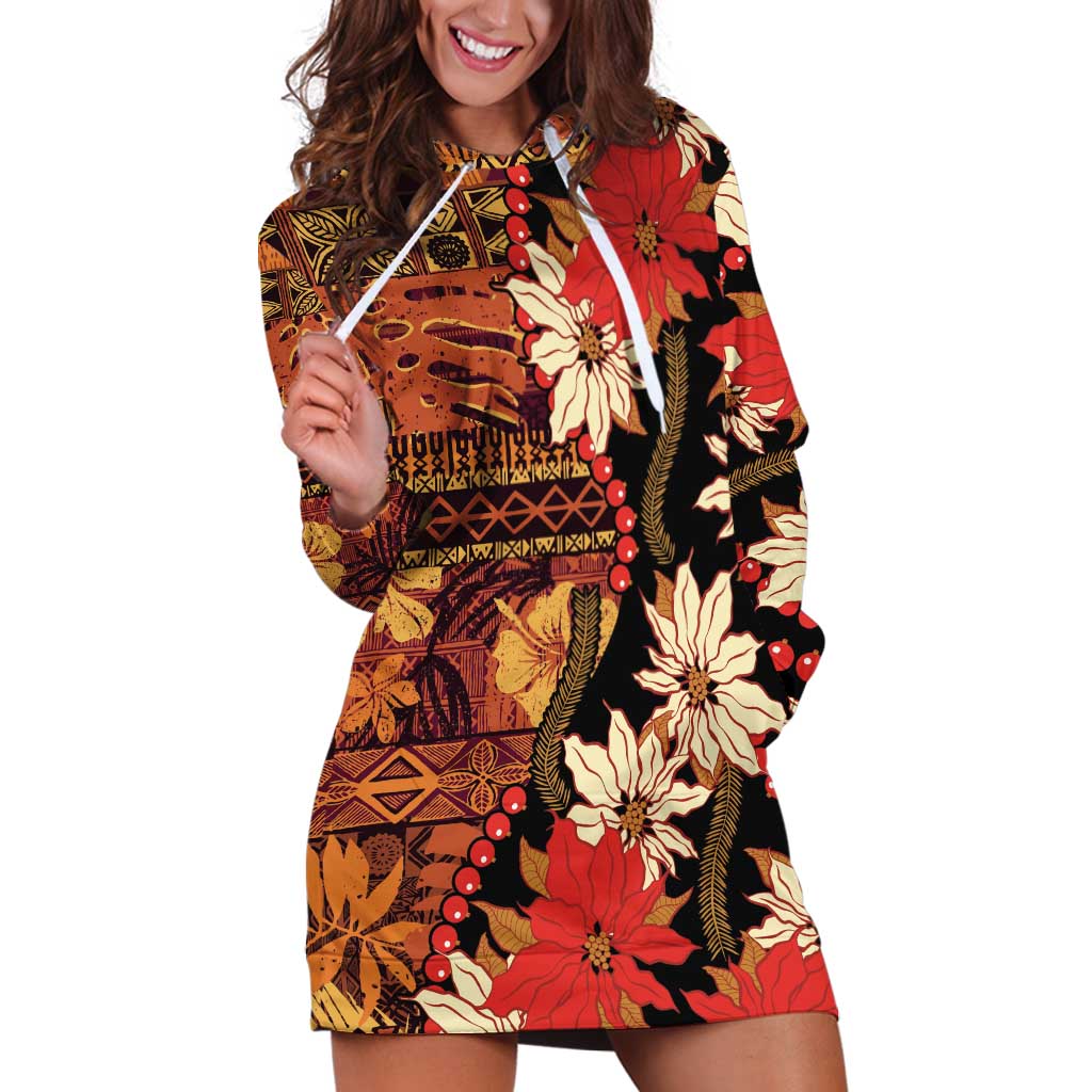 Hawaii Christmas Poinsettia Lei Hoodie Dress Tapa Pattern LT01 Brown - Polynesian Pride