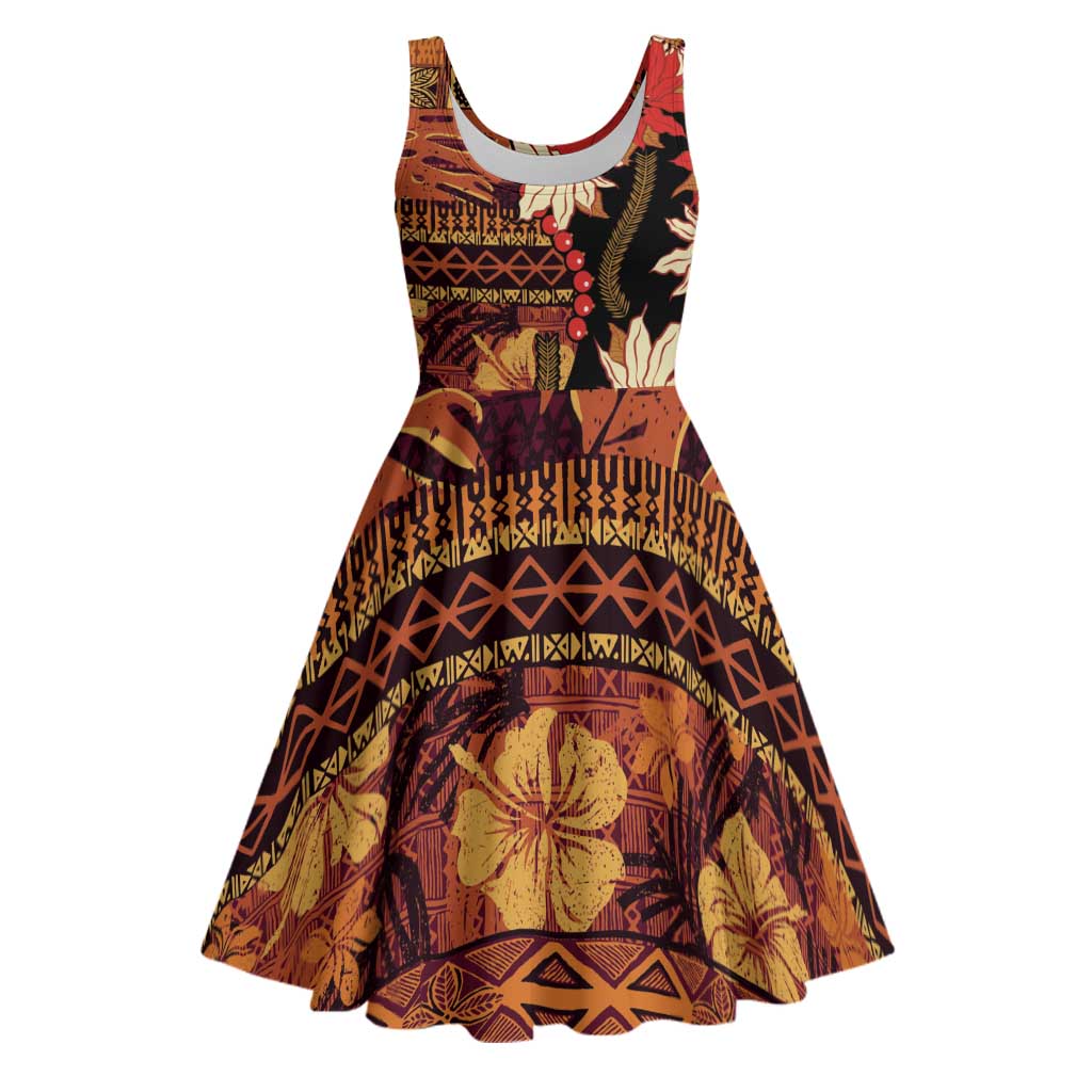 Hawaii Christmas Poinsettia Lei Midi Dress Tapa Pattern - Polynesian Pride