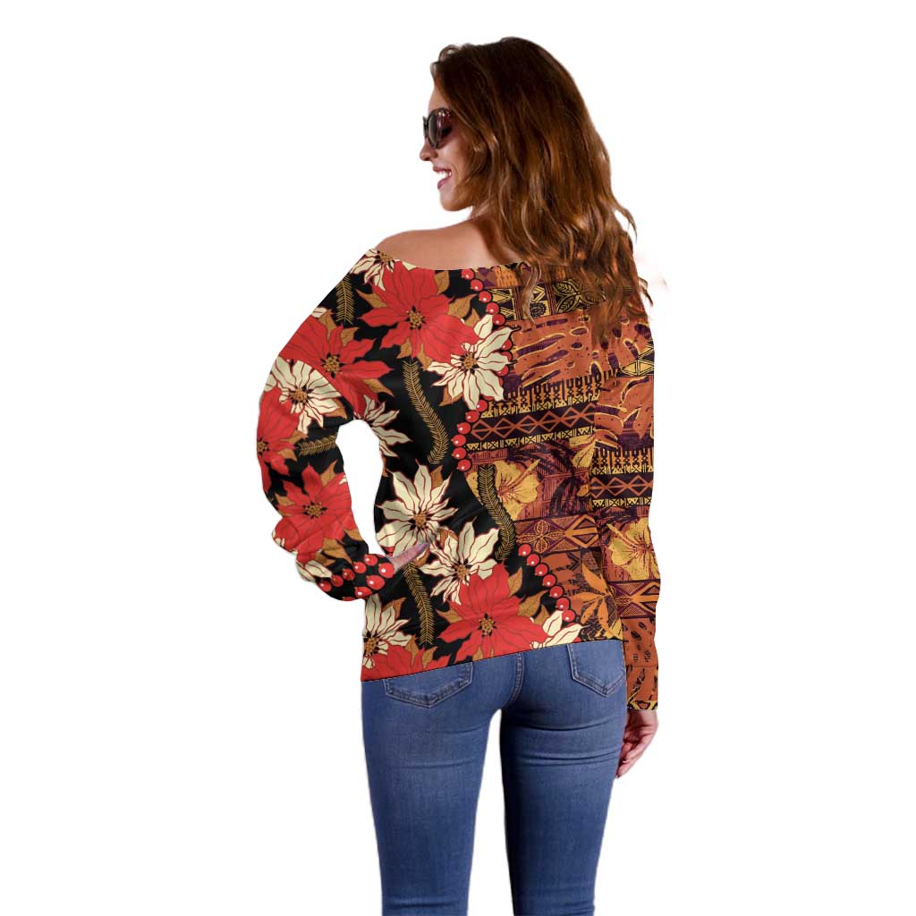 Hawaii Christmas Poinsettia Lei Off Shoulder Sweater Tapa Pattern - Polynesian Pride