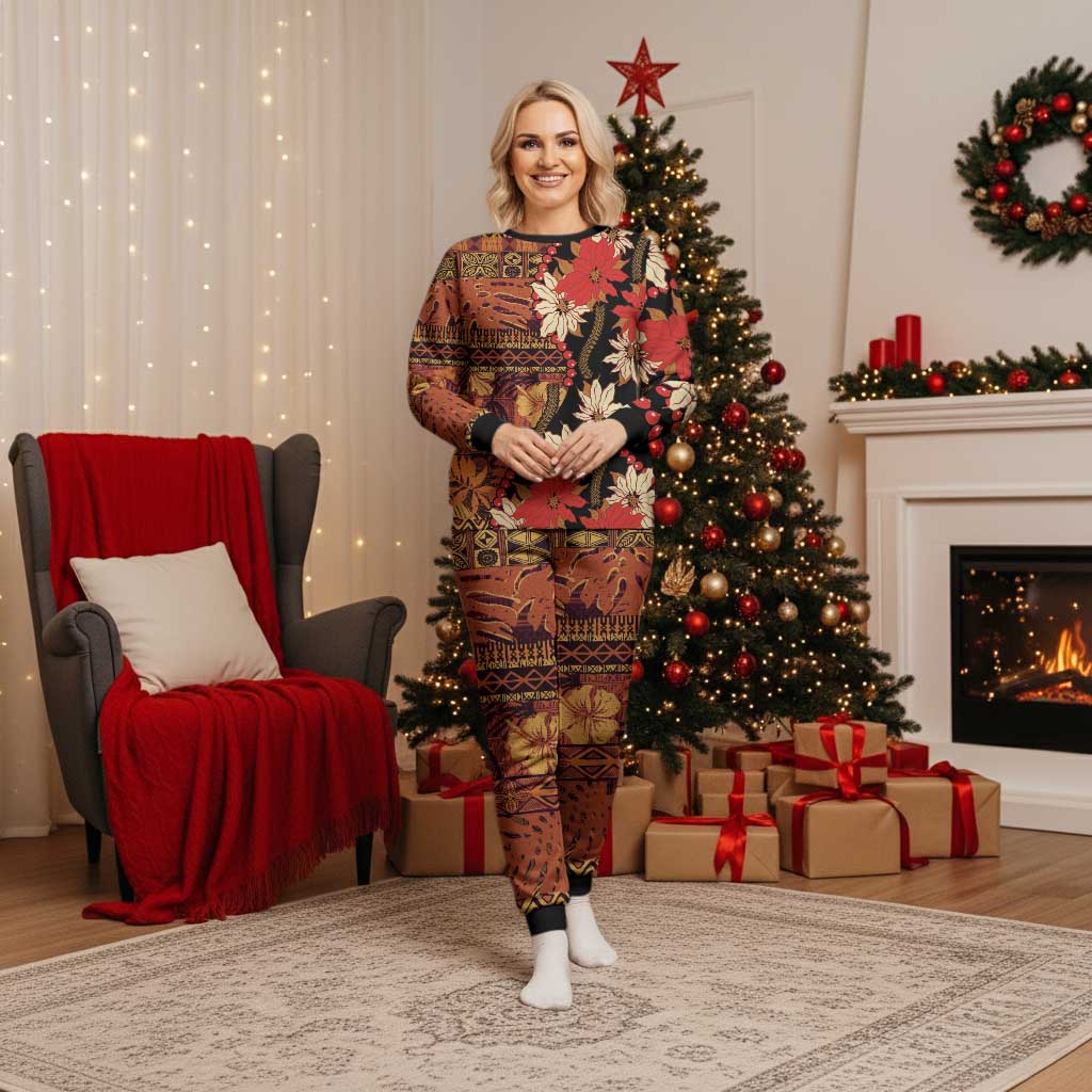Hawaii Christmas Poinsettia Lei Christmas Pajama Set Tapa Pattern - Polynesian Pride