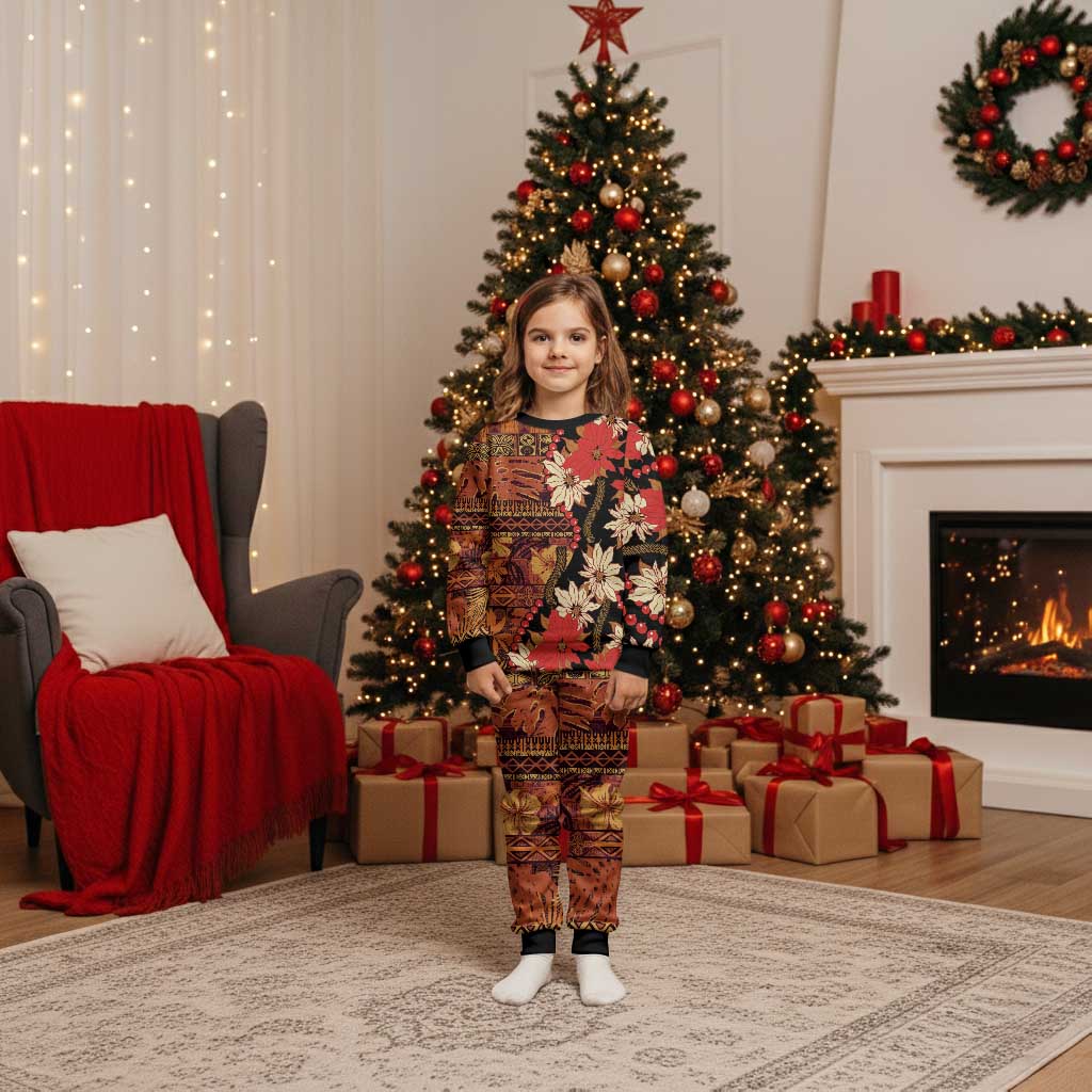 Hawaii Christmas Poinsettia Lei Christmas Pajama Set Tapa Pattern - Polynesian Pride