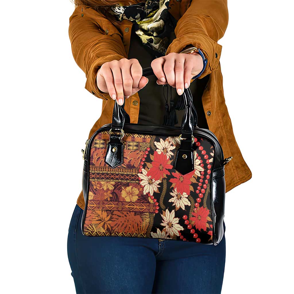 Hawaii Christmas Poinsettia Lei Shoulder Handbag Tapa Pattern - Polynesian Pride