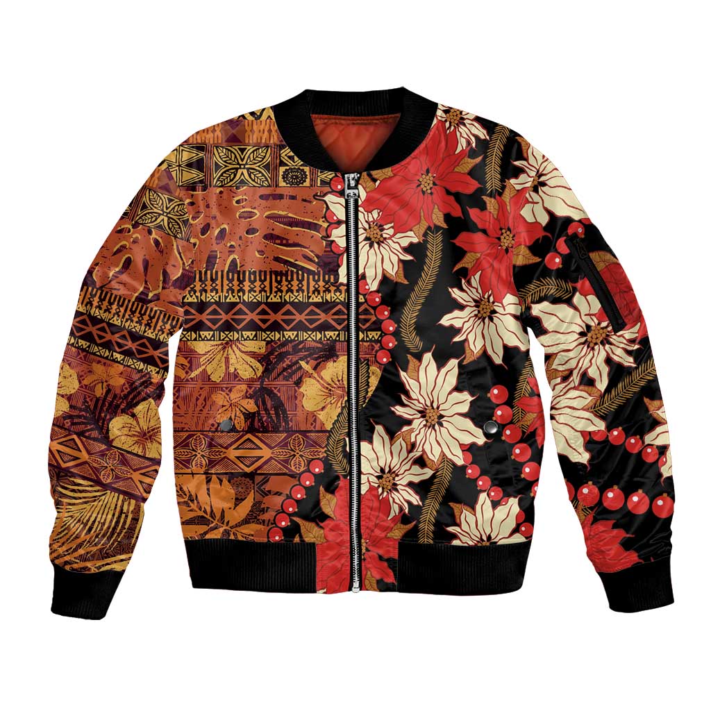 Hawaii Christmas Poinsettia Lei Sleeve Zip Bomber Jacket Tapa Pattern LT01 Unisex Brown - Polynesian Pride