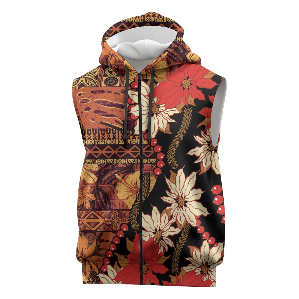 Hawaii Christmas Poinsettia Lei Sleeveless Zip Hoodie Tapa Pattern - Polynesian Pride