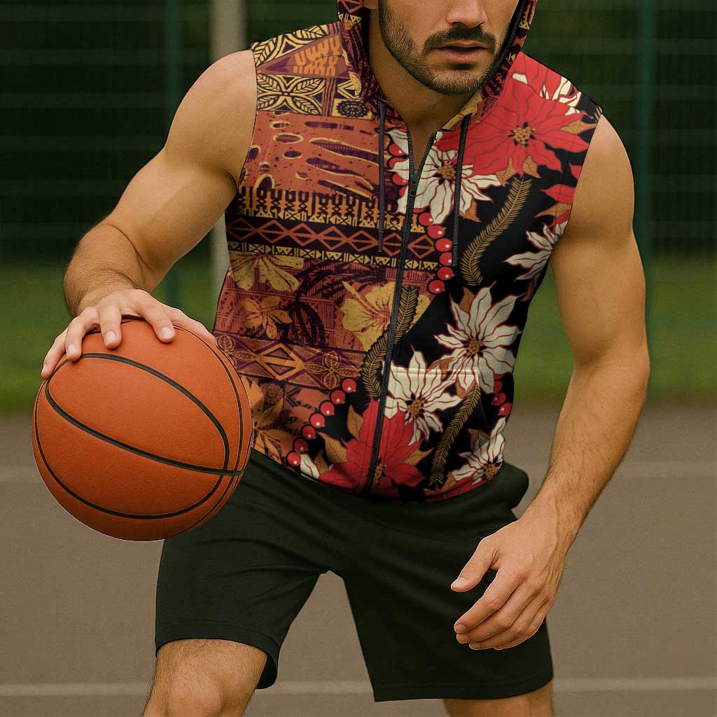 Hawaii Christmas Poinsettia Lei Sleeveless Zip Hoodie Tapa Pattern - Polynesian Pride