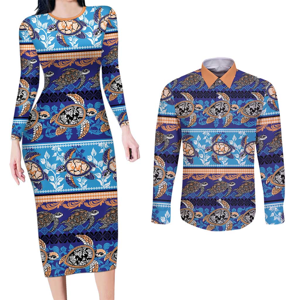 Hawaii Turtles Pattern Special Blue Couples Matching Long Sleeve Bodycon Dress and Long Sleeve Button Shirt LT01 Blue - Polynesian Pride