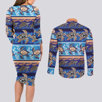 Hawaii Turtles Pattern Special Blue Couples Matching Long Sleeve Bodycon Dress and Long Sleeve Button Shirt LT01 - Polynesian Pride
