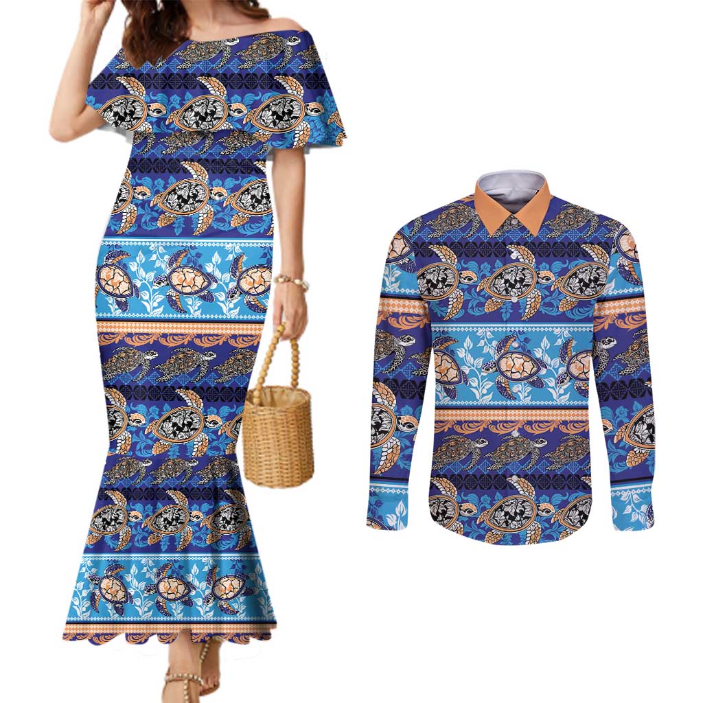Hawaii Turtles Pattern Special Blue Couples Matching Mermaid Dress and Long Sleeve Button Shirt LT01 Blue - Polynesian Pride