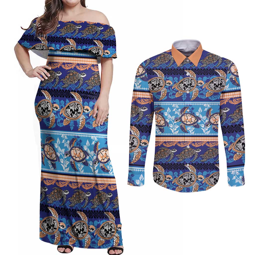 Hawaii Turtles Pattern Special Blue Couples Matching Off Shoulder Maxi Dress and Long Sleeve Button Shirt LT01 Blue - Polynesian Pride
