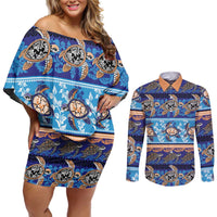 Hawaii Turtles Pattern Special Blue Couples Matching Off Shoulder Short Dress and Long Sleeve Button Shirt LT01 Blue - Polynesian Pride