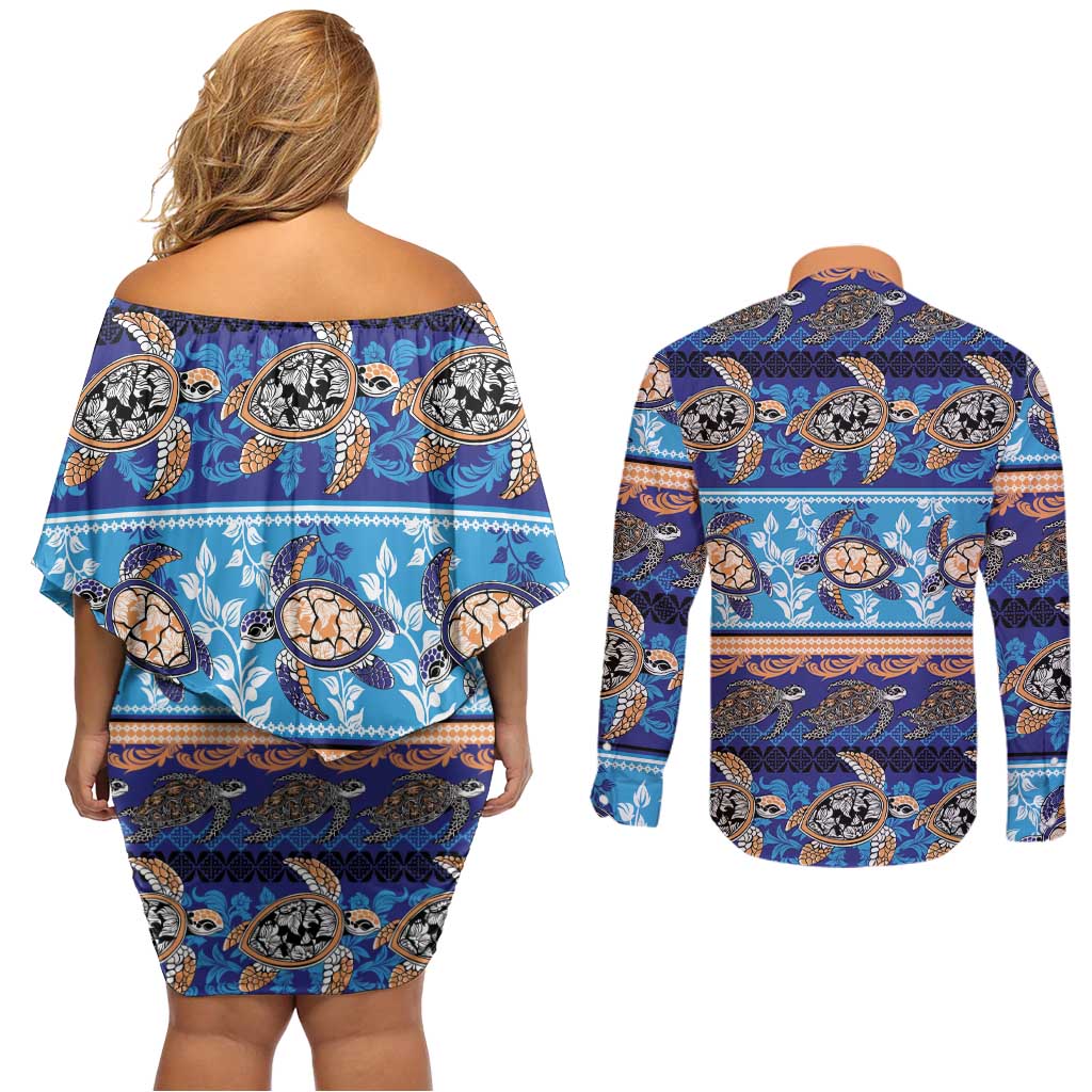 Hawaii Turtles Pattern Special Blue Couples Matching Off Shoulder Short Dress and Long Sleeve Button Shirt LT01 - Polynesian Pride