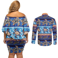 Hawaii Turtles Pattern Special Blue Couples Matching Off Shoulder Short Dress and Long Sleeve Button Shirt LT01 - Polynesian Pride
