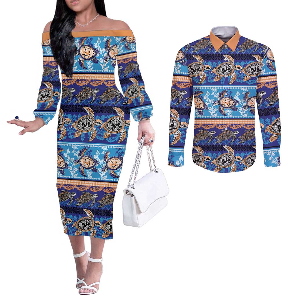 Hawaii Turtles Pattern Special Blue Couples Matching Off The Shoulder Long Sleeve Dress and Long Sleeve Button Shirt LT01 Blue - Polynesian Pride