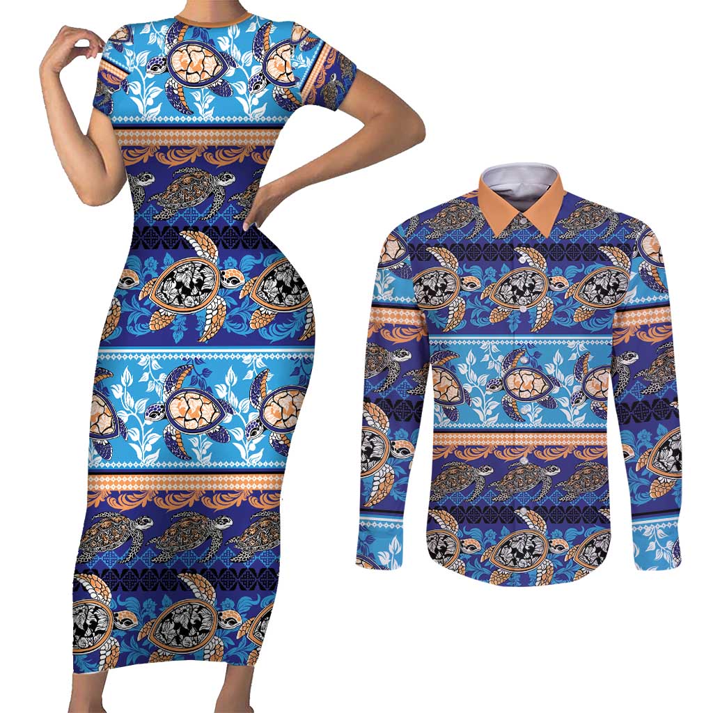 Hawaii Turtles Pattern Special Blue Couples Matching Short Sleeve Bodycon Dress and Long Sleeve Button Shirt LT01 Blue - Polynesian Pride
