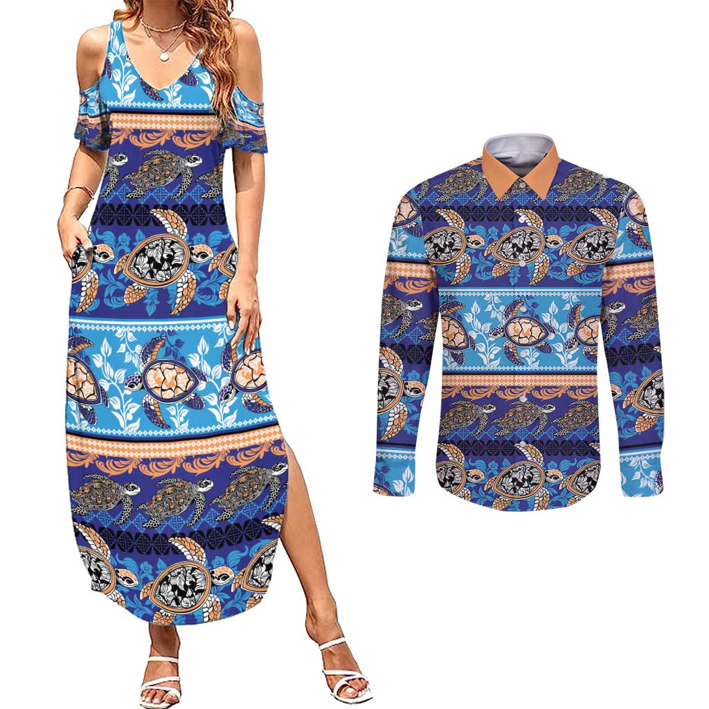 Hawaii Turtles Pattern Special Blue Couples Matching Summer Maxi Dress and Long Sleeve Button Shirt LT01 Blue - Polynesian Pride