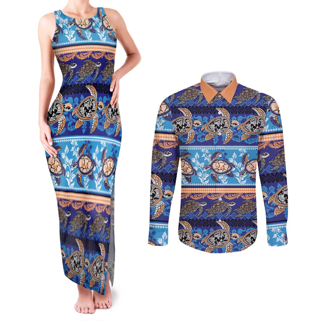 Hawaii Turtles Pattern Special Blue Couples Matching Tank Maxi Dress and Long Sleeve Button Shirt LT01 Blue - Polynesian Pride