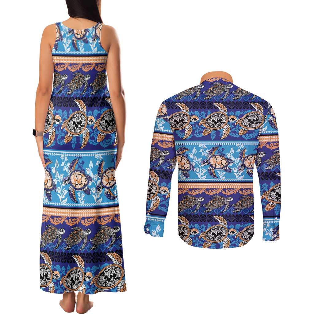 Hawaii Turtles Pattern Special Blue Couples Matching Tank Maxi Dress and Long Sleeve Button Shirt LT01 - Polynesian Pride
