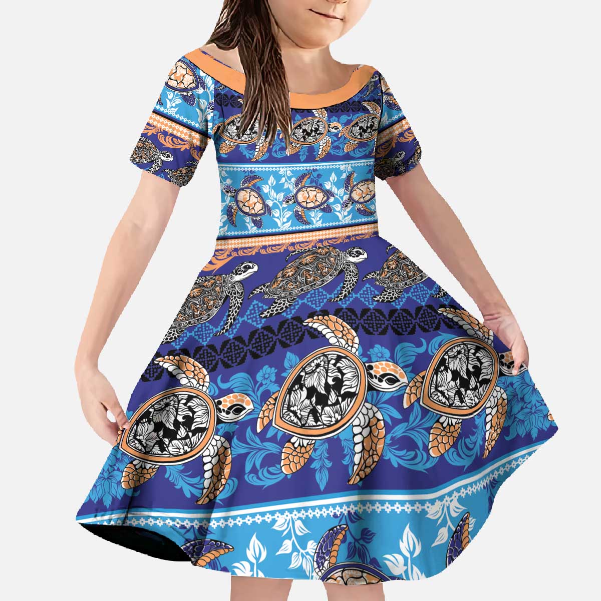 Hawaii Turtles Pattern Special Blue Family Matching Off The Shoulder Long Sleeve Dress and Hawaiian Shirt - Polynesian Pride