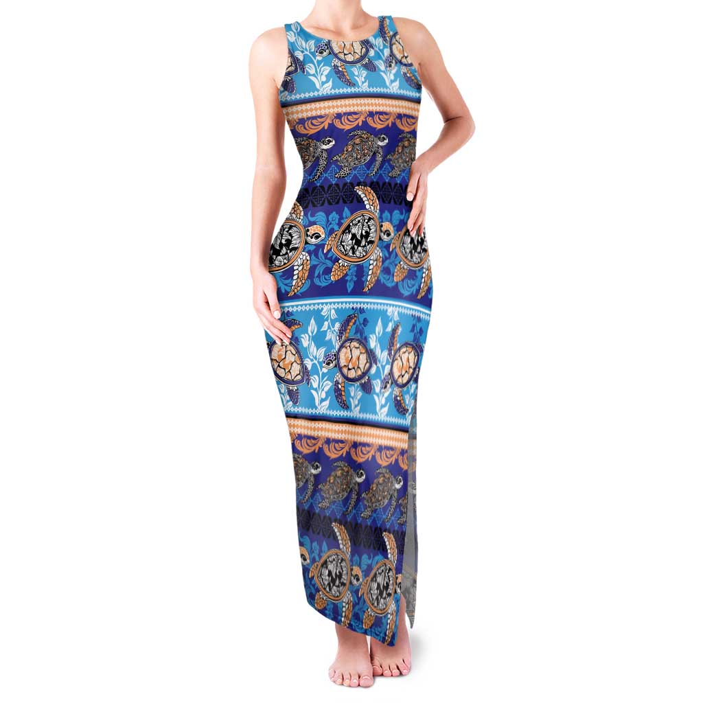Hawaii Turtles Pattern Special Blue Family Matching Tank Maxi Dress and Hawaiian Shirt LT01 Mom's Dress Blue - Polynesian Pride