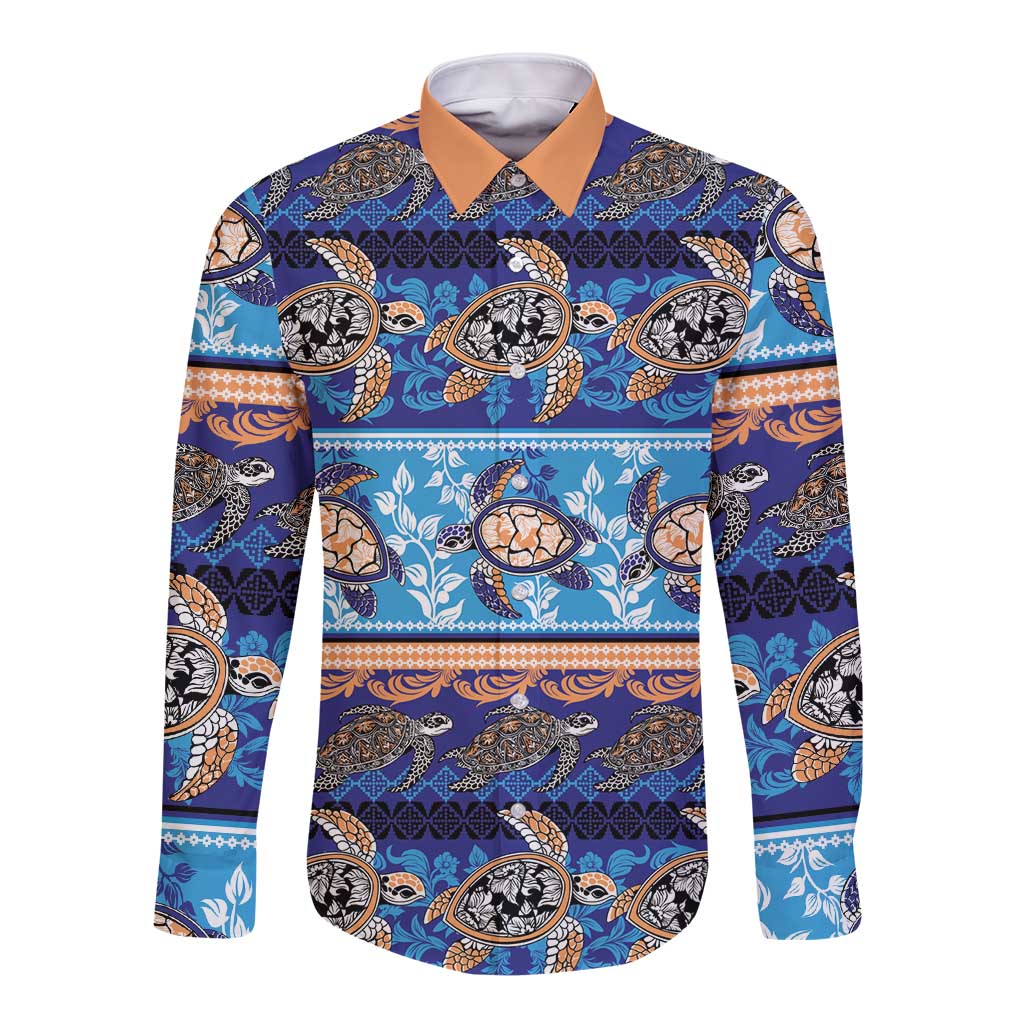 Hawaii Turtles Pattern Special Blue Long Sleeve Button Shirt - Polynesian Pride